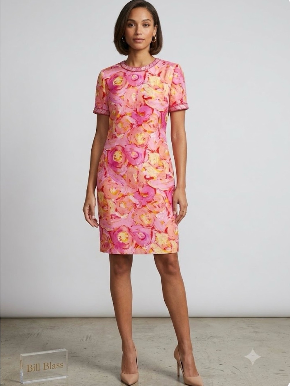 Bill Blase Vintage Silk Floral Shift Dress Pink Beaded Detail Retro 80’s Size 6